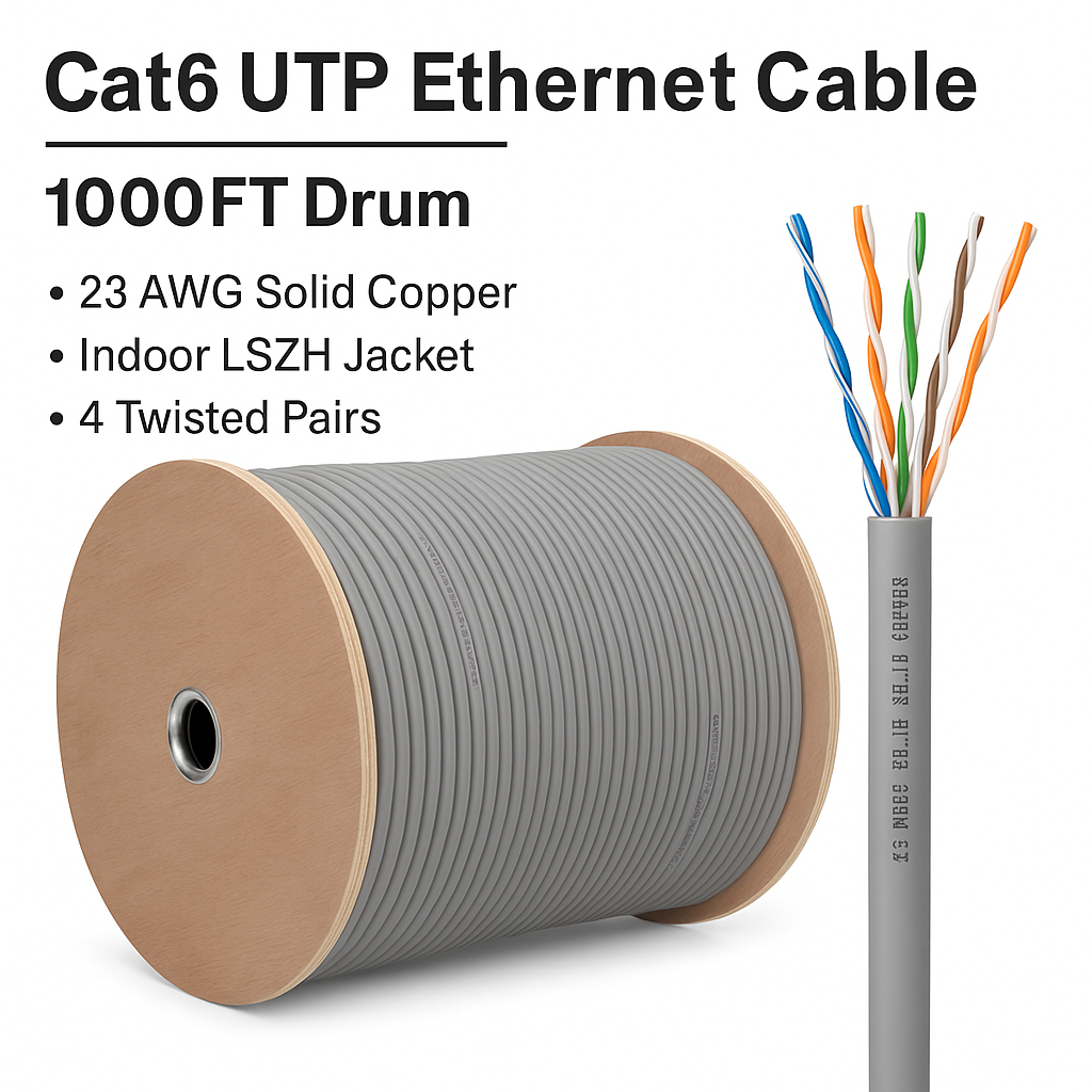 CABLE UTP CAT 6 INDOOR LSZH 0.55mm, Grey, 1000 FT Drum, 23 AWG | EV
